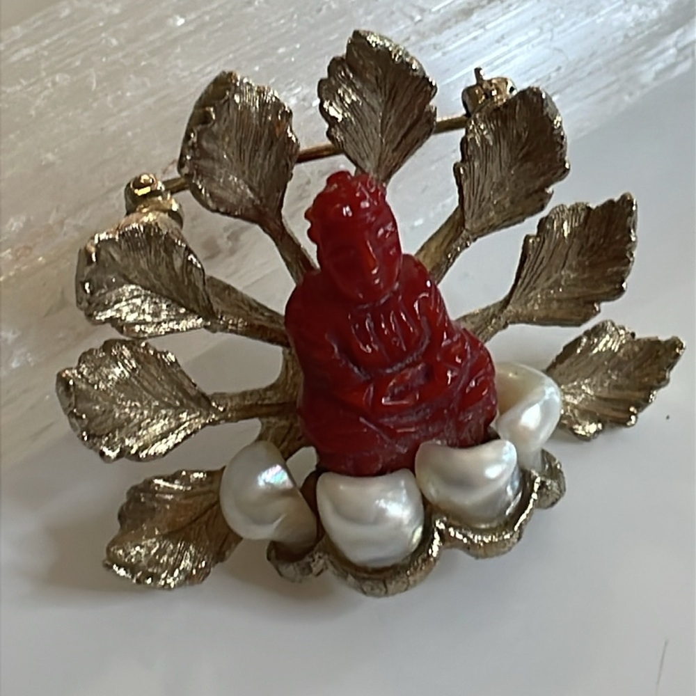 Vintage Swoboda Carved Coral Buddha Cultured Pearls Gold Plated Floral Brooch
